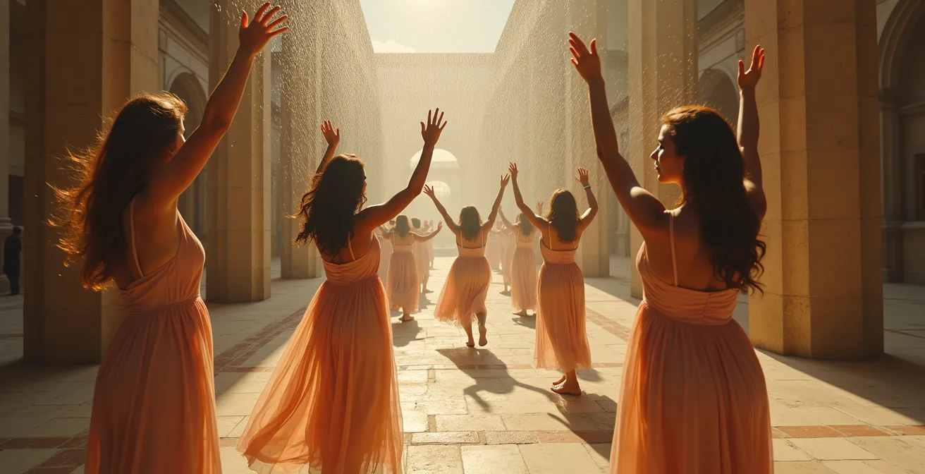 Groupe de femmes posant en interaction dynamique avec un décor urbain et naturel