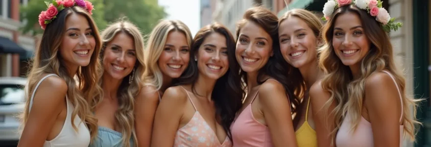 Groupe de femmes souriantes posant dans un cadre urbain avec une ambiance festive et complice pour un shooting photo EVJF