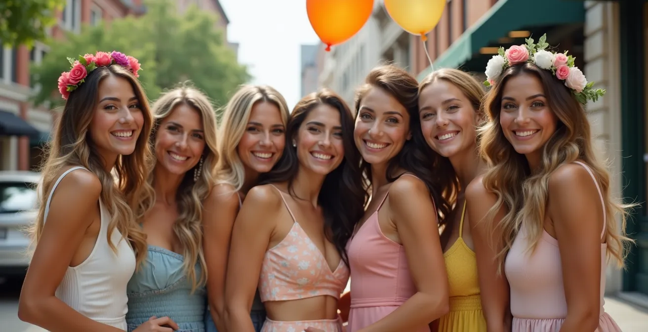 Groupe de femmes souriantes posant dans un cadre urbain avec une ambiance festive et complice pour un shooting photo EVJF
