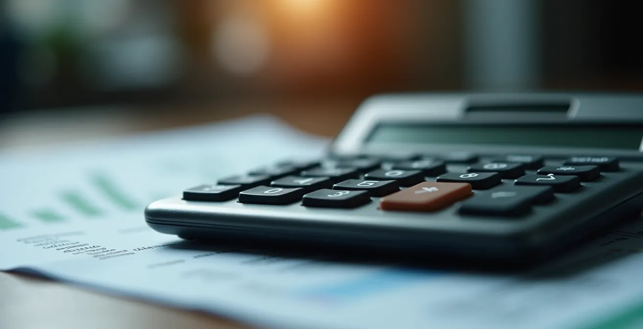 Calculatrice professionnelle et documents financiers sur bureau avec appareil photo en arrière-plan flou