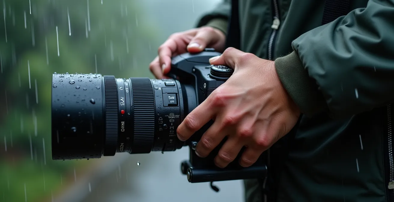 Mains de photographe manipulant un appareil photo sous la pluie avec gouttelettes visibles