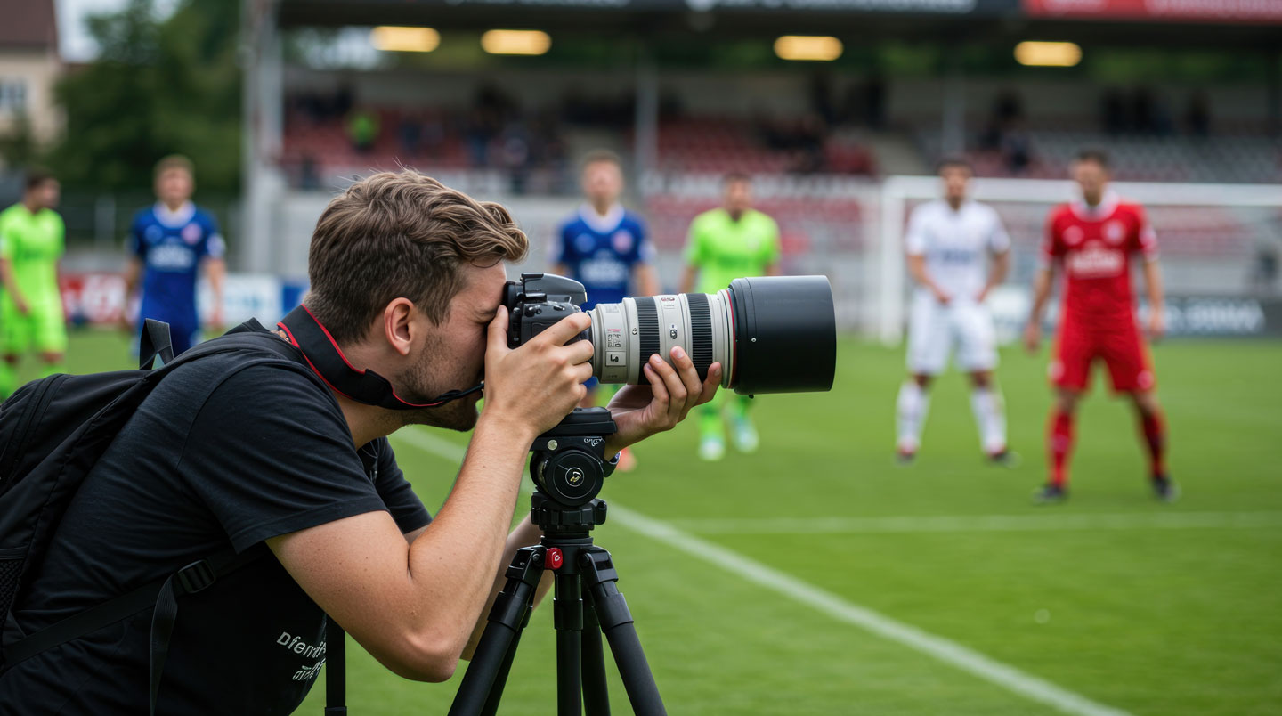 Photographe de sport en action suivant un sujet rapide avec système autofocus continu sur boîtier professionnel