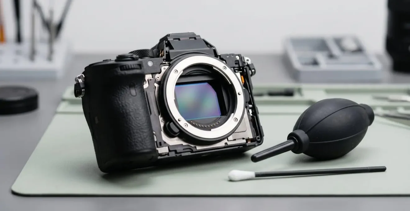 Gros plan sur capteur plein format d'appareil photo professionnel lors d'une opération de maintenance technique