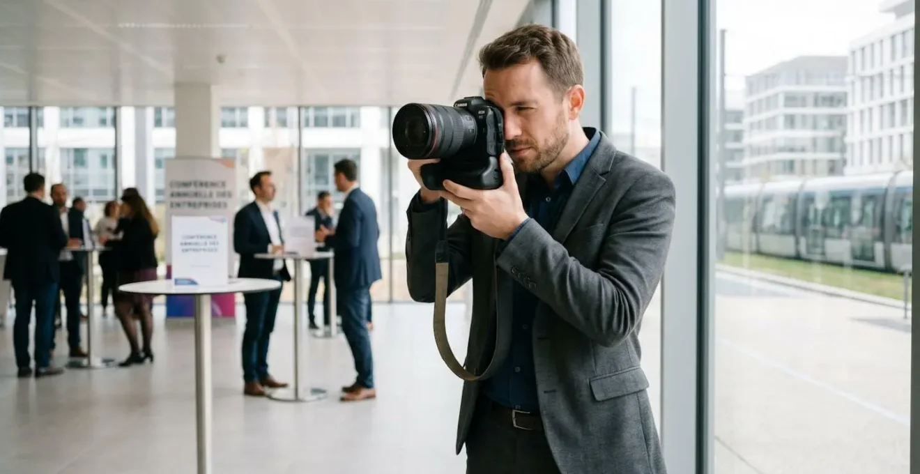 Photographe professionnel en reportage tenant un boîtier photo haut de gamme dans un environnement de travail français