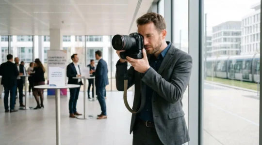 Photographe professionnel en reportage tenant un boîtier photo haut de gamme dans un environnement de travail français