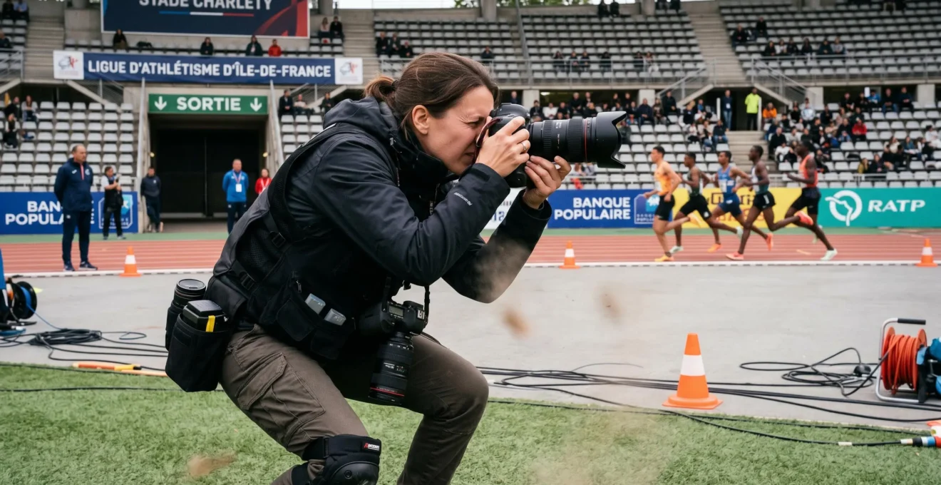 Photographe de sport en action suivant un sujet rapide avec système autofocus continu sur boîtier professionnel