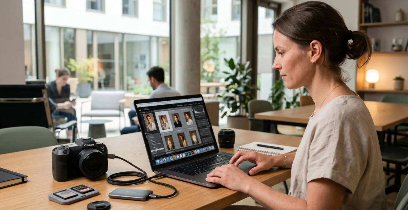 Photographe professionnel transférant des images depuis son boîtier vers ordinateur portable via câble USB-C avec cartes mémoire visibles